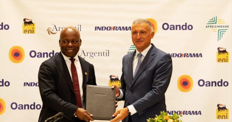 L-R: Wale Tinubu, CON, Group Chief Executive, Oando PLC and Guido Brusco, Chief Operating Officer, General Director of Natural Resources, ENI; at the signing for the acquisition of the Nigerian Agip Oil Company (NAOC) on Thursday, Aug. 22nd, in London, United Kingdom