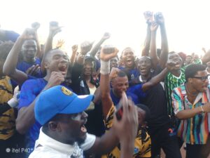 Prof Folasade Ogunsola, Vice Chancellor University of Laos UNILAG joins Male Football team to celebrate 2-1 win over Nkumba University Uganda 