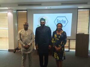 From Left: The Head of Access and Health Policy, Roche, Mr Terseer Sar; Director General, NHIA, Dr Kelechi Ohiri and  Acting General Manager, Roche, Dr Bolarinwa Oyedeji, during the Health Innovation Leadership Academy programme on Friday in Lagos