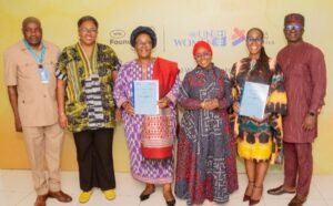 L-R: Desmond Osalobo Osemhenjie, Program Specialist, United Nation (UN) Women; Hansatu Adegbite, Private Sector Partnerships UN Women; Beatrice Eyong, Country Representative to Nigeria and ECOWAS, United Nations Women; Dr. Mosun Belo-Olusoga, Chairman, MTN Foundation; Odunayo Sanya, Executive Director, MTN Foundation and Dr. Howard Edafe, Head, Internal Audit & Forensic, MoMo PSB, during the MoU signing between MTN Foundation and UN Women at the MTN Atlantis Office, Lagos, on Friday.